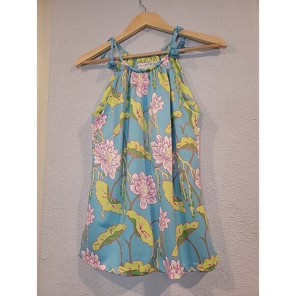 Gretchen Scott Aqua Blue Mystic Garden Floral Tassel Halter Tank Top‎ Size Small - Picture 2 of 7